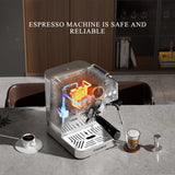 Espresso machine with clear side panel on a kitchen counter, displaying 'Espresso Machine is Safe and Reliable'.