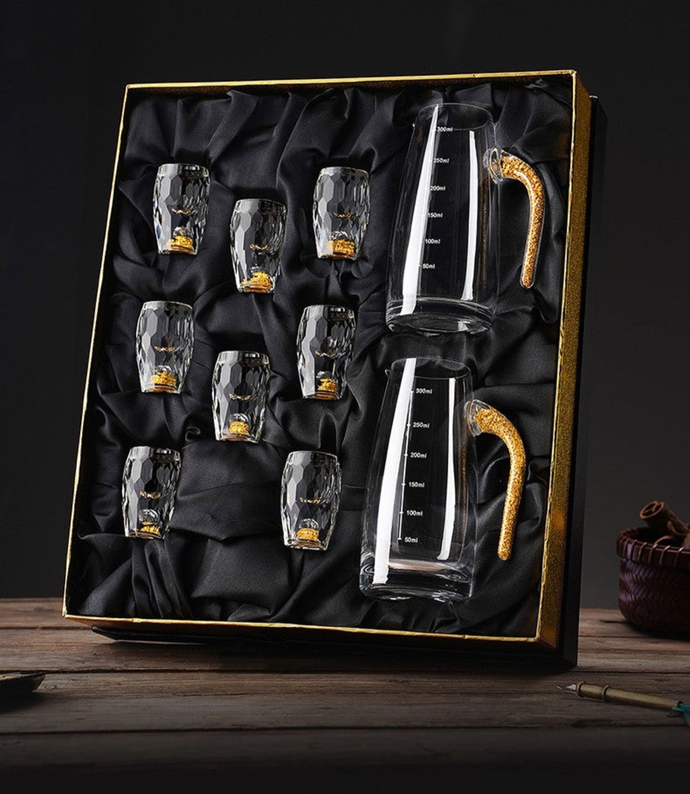 Crystal Glass Wine Decanter Set with Gold Foil Shot Cup Julia M LifeStyles