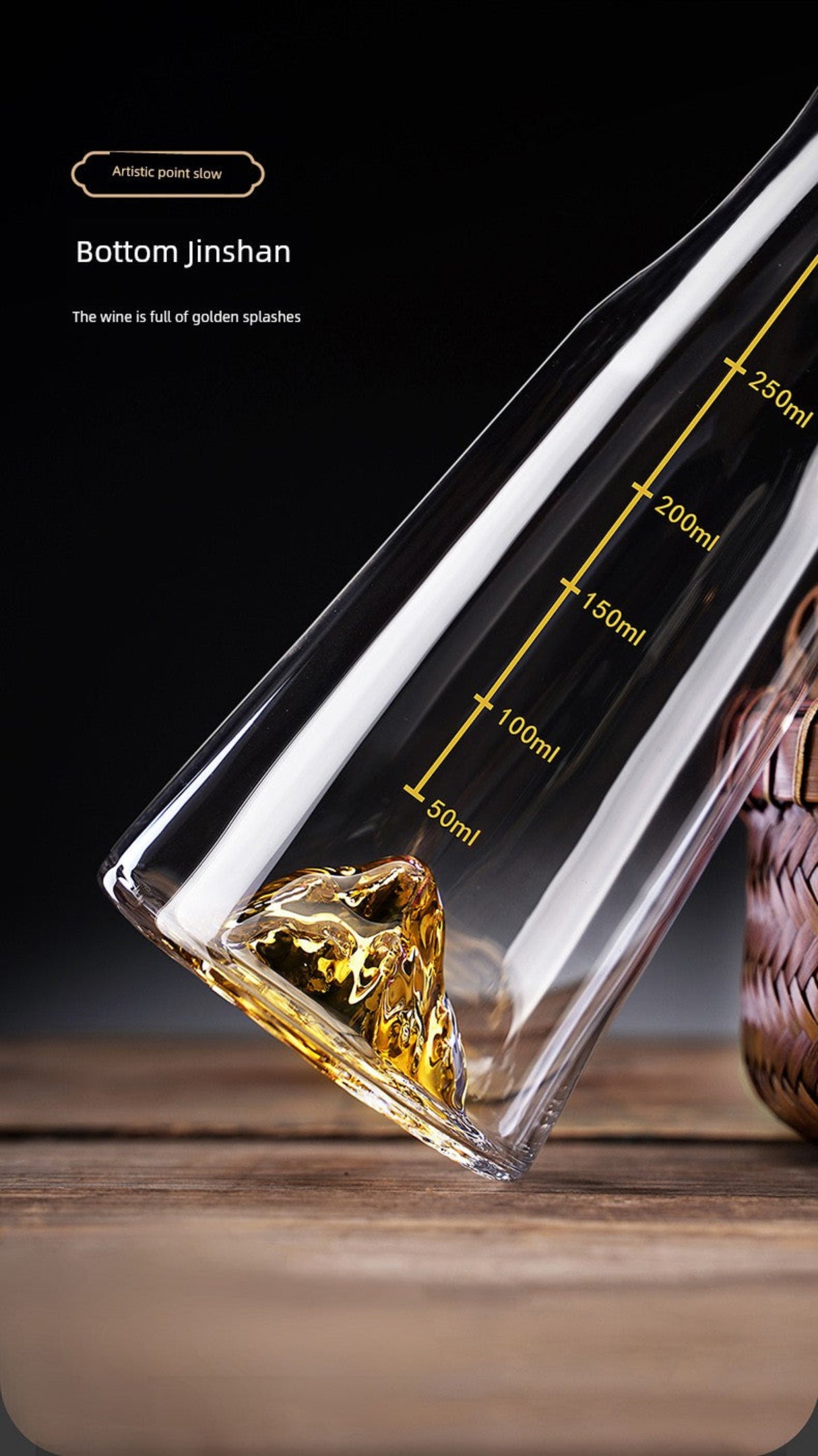 Clear glass measuring cup with gold liquid on a wooden surface