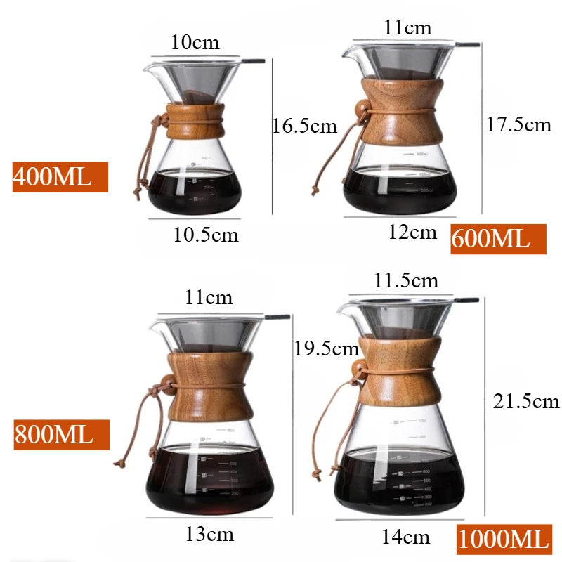 Set of four glass coffee makers with wooden collars, showing different capacities and dimensions.