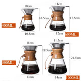Set of four glass coffee makers with wooden collars, showing different capacities and dimensions.