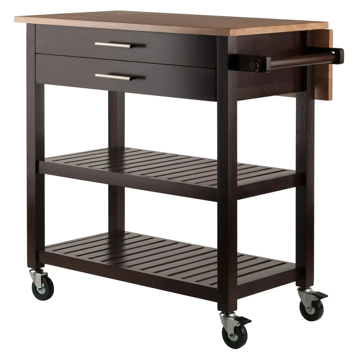 Langdon Modern Kitchen Cart with Drop Leaf Cappuccino and Natural Wood Finish Stainless Steel Panel Julia M LifeStyles