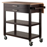 Langdon Modern Kitchen Cart with Drop Leaf Cappuccino and Natural Wood Finish Stainless Steel Panel Julia M LifeStyles