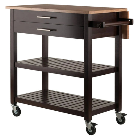 Langdon Modern Kitchen Cart with Drop Leaf Cappuccino and Natural Wood Finish Stainless Steel Panel Julia M LifeStyles