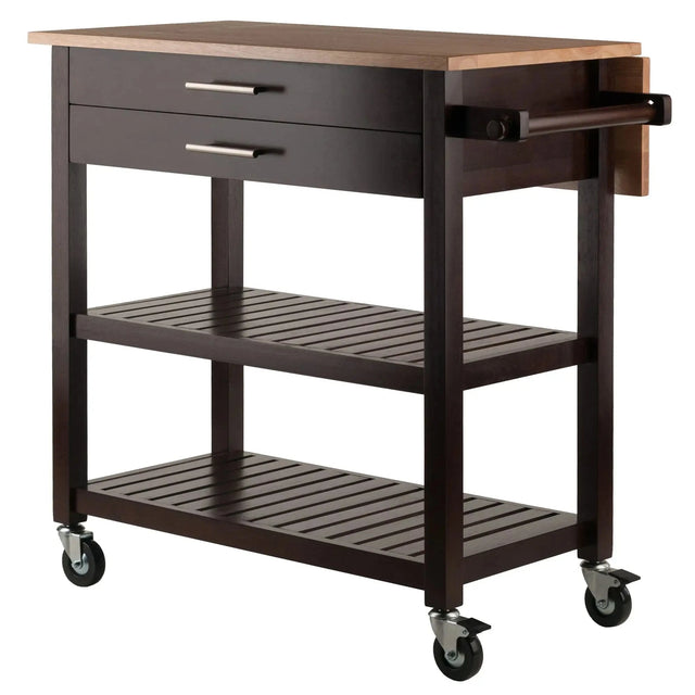 Langdon Modern Kitchen Cart with Drop Leaf Cappuccino and Natural Wood Finish Stainless Steel Panel Julia M LifeStyles