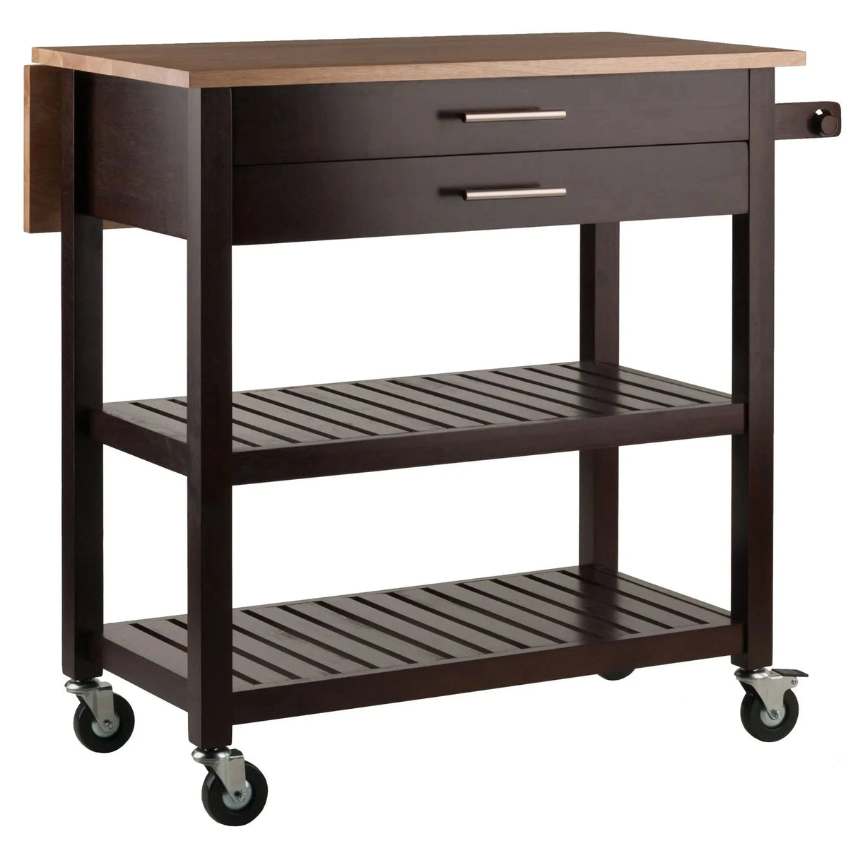 Langdon Modern Kitchen Cart with Drop Leaf Cappuccino and Natural Wood Finish Stainless Steel Panel Julia M LifeStyles