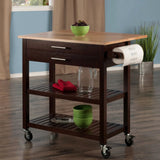 Langdon Modern Kitchen Cart with Drop Leaf Cappuccino and Natural Wood Finish Stainless Steel Panel Julia M LifeStyles