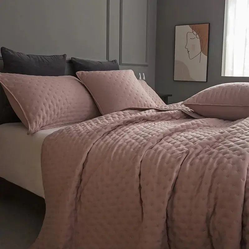 Stitch Taupe Quilt Set with 2Pillow Shams Reversible Quilted Bed Cover set Ultra Soft Lightweigh Microfiber Filler Dusty Pink - Julia M LifeStyles