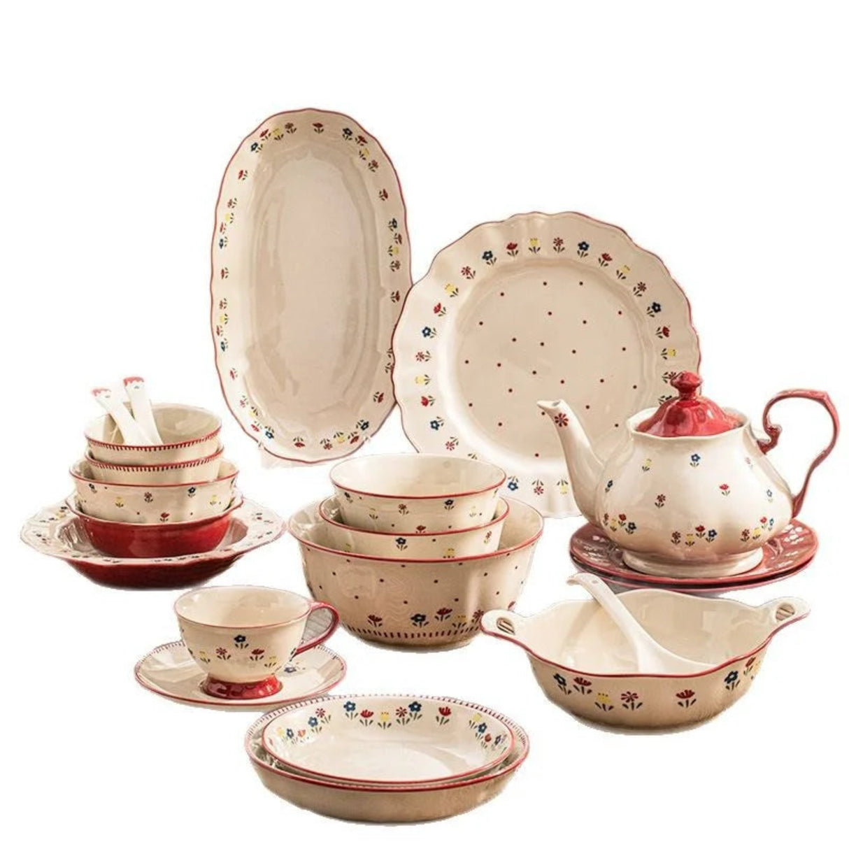 Ceramic dinnerware set with floral patterns on a white background