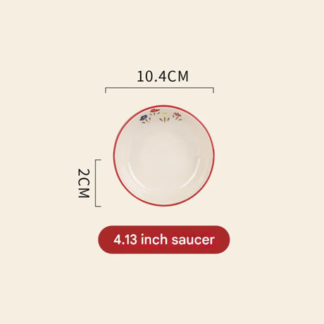 Small saucer with floral design and measurements on a beige background
