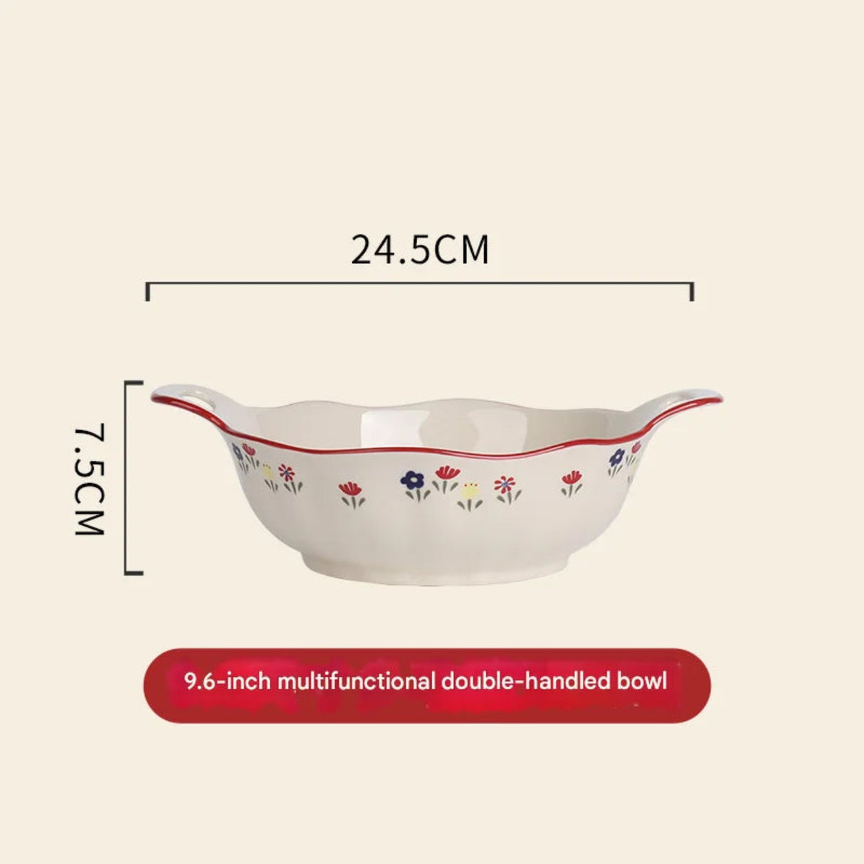 Multifunctional double-handled bowl with floral design and measurements on a beige background