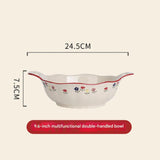 Multifunctional double-handled bowl with floral design and measurements on a beige background