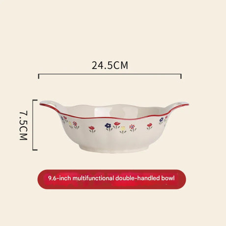 Multifunctional double-handled bowl with floral design and measurements on a beige background