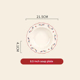 8.5 inch soup plate with floral rim and dimensions on a beige background