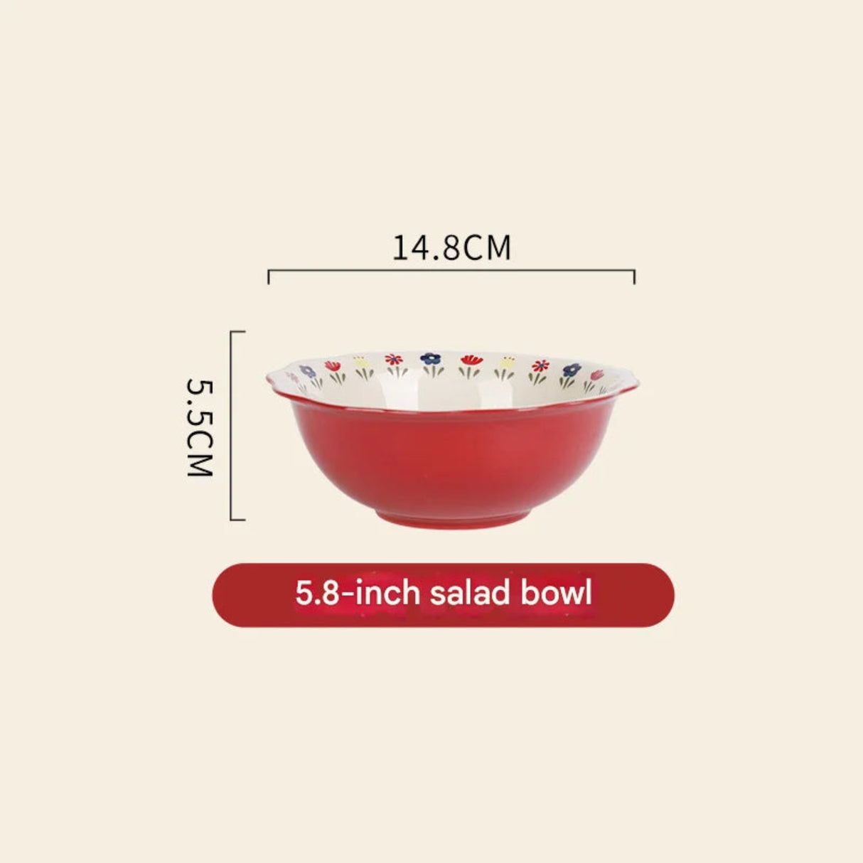 Red salad bowl with floral rim and dimensions on a beige background