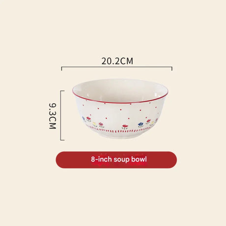 8-inch soup bowl with floral design and dimensions on a beige background