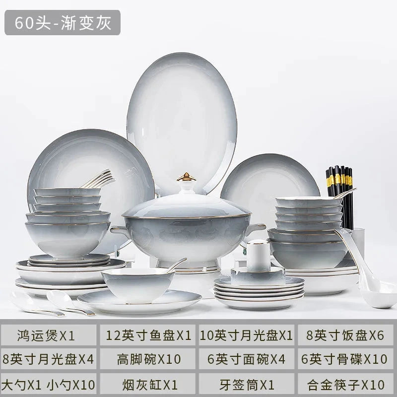 Elegant Gradient Grey Bone China Tableware Set - 60 Pieces Julia M LifeStyles