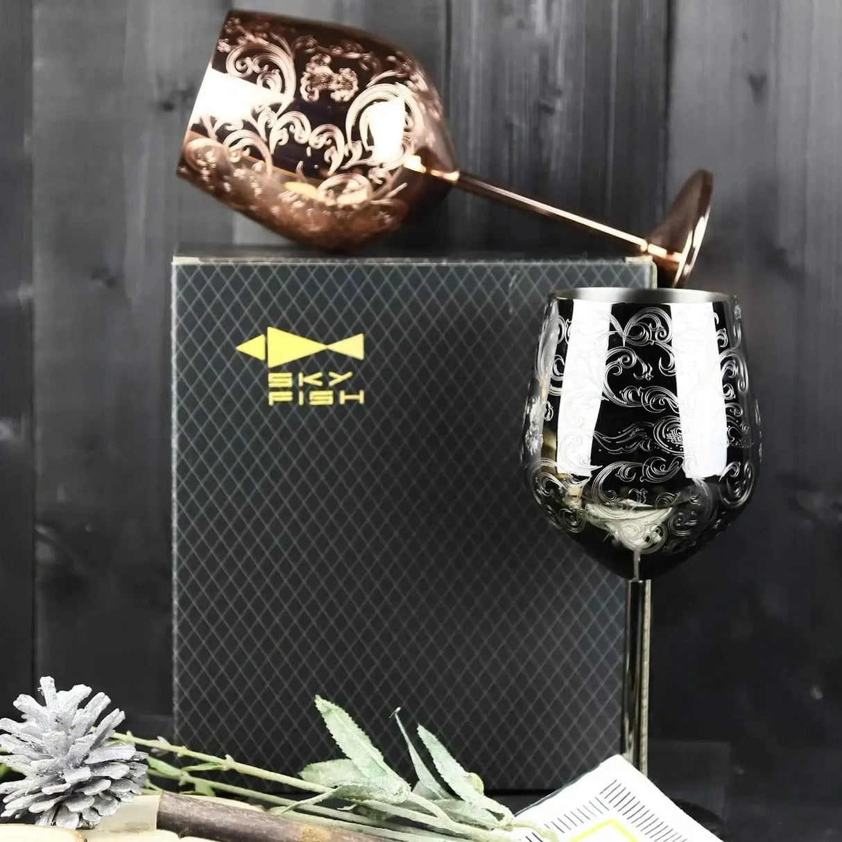 Stainless Steel Wine Glasses With Black Plated etched with intricate and authentic baroque engravings Royal style wine goblets - Julia M LifeStyles