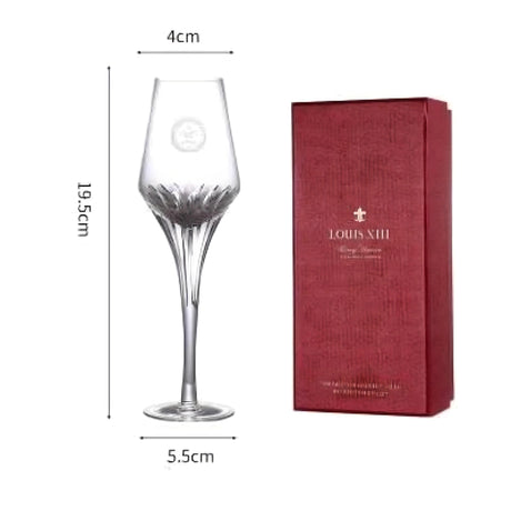 Glass wine glass with dimensions and a red box labeled 'Louis XIII' on a white background