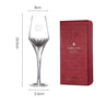 Glass wine glass with dimensions and a red box labeled 'Louis XIII' on a white background