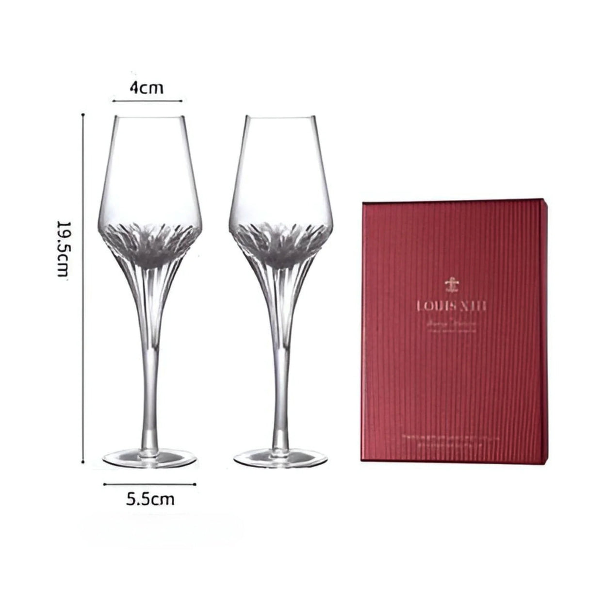 Two wine glasses with dimensions and a red box labeled 'Louis XIII' on a white background.