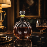 A Louis XIII cognac glass decanter with an ornate sculpted base and a crystal stopper, filled with amber cognac, displayed on a dark marble table next to a crystal glass and a Louis XIII cognac box.