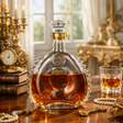 An ornate clear glass decanter filled with amber liquor, styled on a wooden table with a matching glass, vintage books, a clock, and jewelry in a warm, elegant interior setting.
