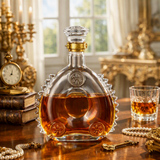 An ornate clear glass decanter filled with amber liquor, styled on a wooden table with a matching glass, vintage books, a clock, and jewelry in a warm, elegant interior setting.