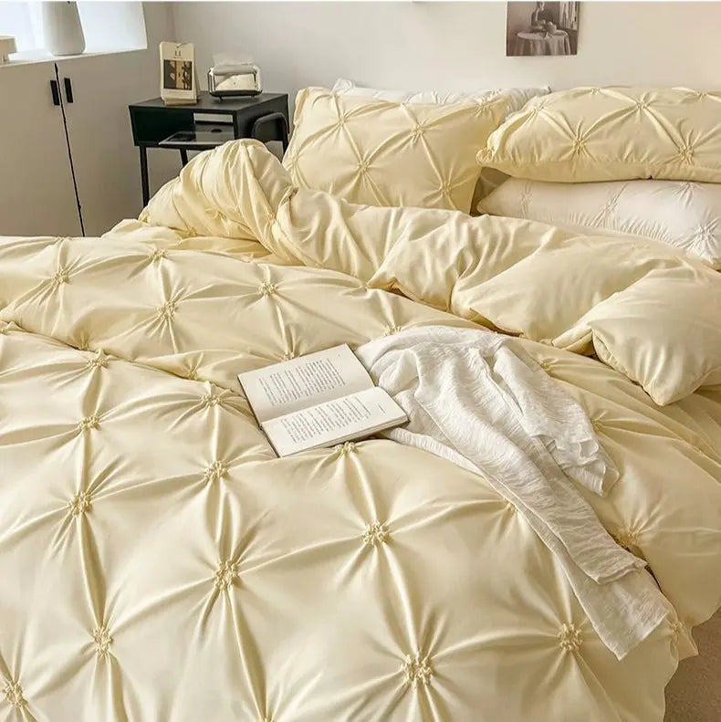 Lovey Cosy South Korea Accessible Luxury New Arrival Twisted Flower Washed Cotton Brushed Princess Cream Yellow Four-Piece Bedding Set - Julia M LifeStyles
