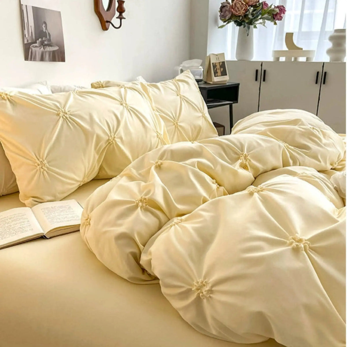 Lovey Cosy South Korea Accessible Luxury New Arrival Twisted Flower Washed Cotton Brushed Princess Cream Yellow Four-Piece Bedding Set - Julia M LifeStyles