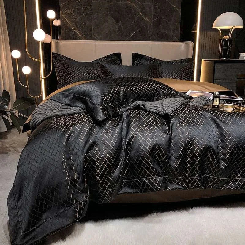 New Luxury Black Gold Yarndyed Jacquard Egyptian Cotton Bedding Set Satin Smooth Duvet Cover Flat/Fitted Sheet Pillowcases 4Pcs New Luxury Black Gold Yarndyed Jacquard Egyptian Cotton Bedding Set Satin Smooth Duvet Cover Flat/Fitted Sheet Pillowcases 4Pcs 3256802452700776-1-Flat Bed Sheet-China-Queen Size 4pcs 0 192