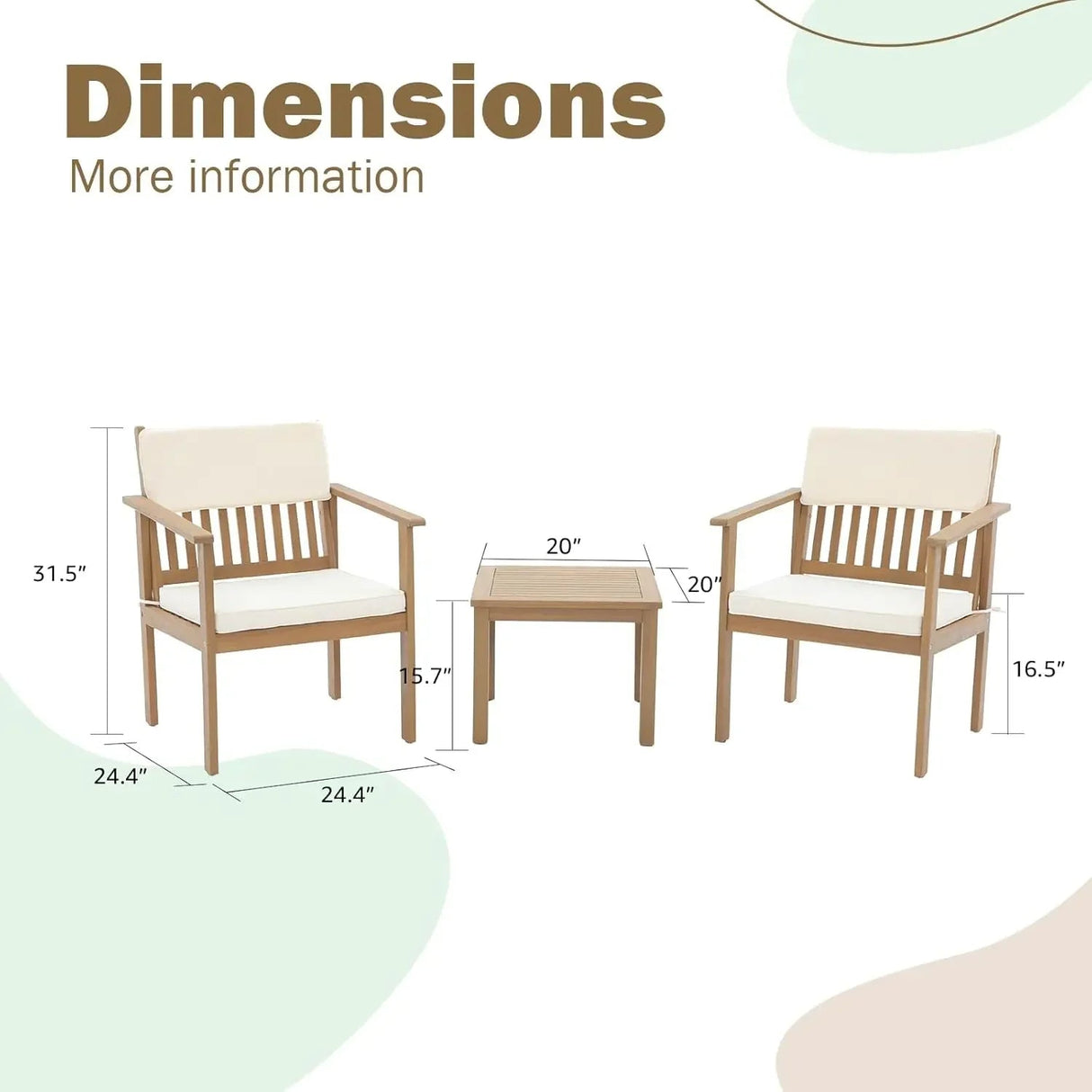 Acacia Wood 3-Piece Outdoor Bistro Set with Cream Cushions - Julia M LifeStyles