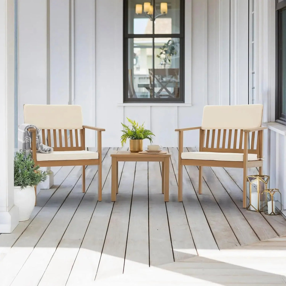 Acacia Wood 3-Piece Outdoor Bistro Set with Cream Cushions - Julia M LifeStyles