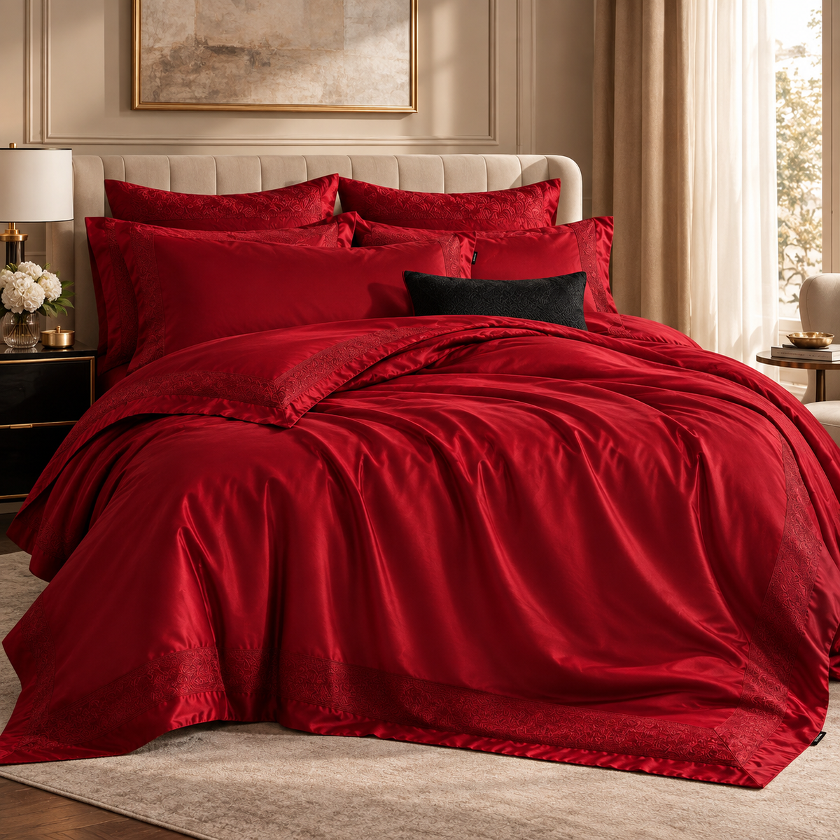 Red Cotton Jacquard Bedding Set with Duvet Cover, 4-Piece