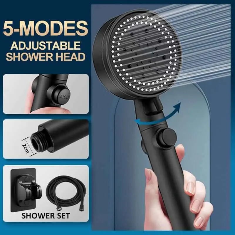 Shower Head Water Saving Black 5 Mode Adjustable High Pressure Shower - One-key Stop Water Massage - Julia M LifeStyles
