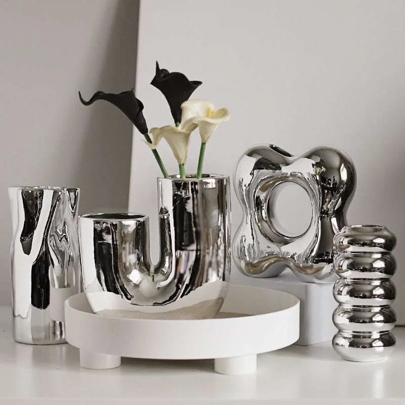 Silver plating Ceramic Vase Nordic home decoration Flower shape Vases for flowers Living room TV cabinet table decor florero - Julia M LifeStyles
