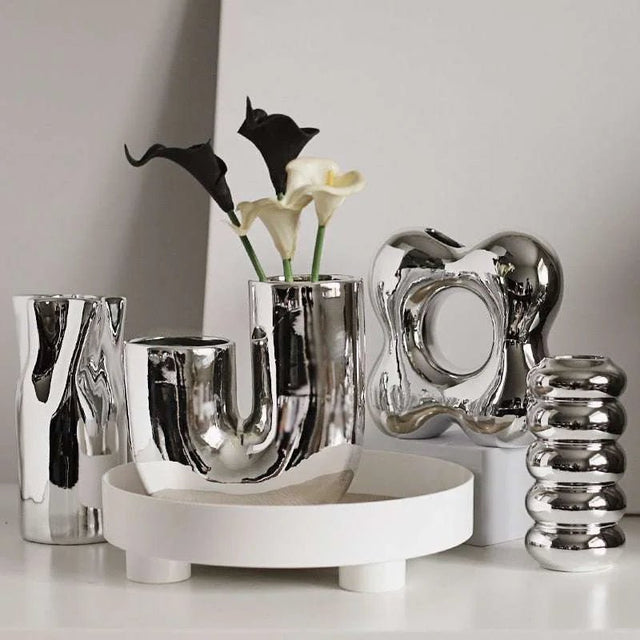Silver plating Ceramic Vase Nordic home decoration Flower shape Vases for flowers Living room TV cabinet table decor florero - Julia M LifeStyles