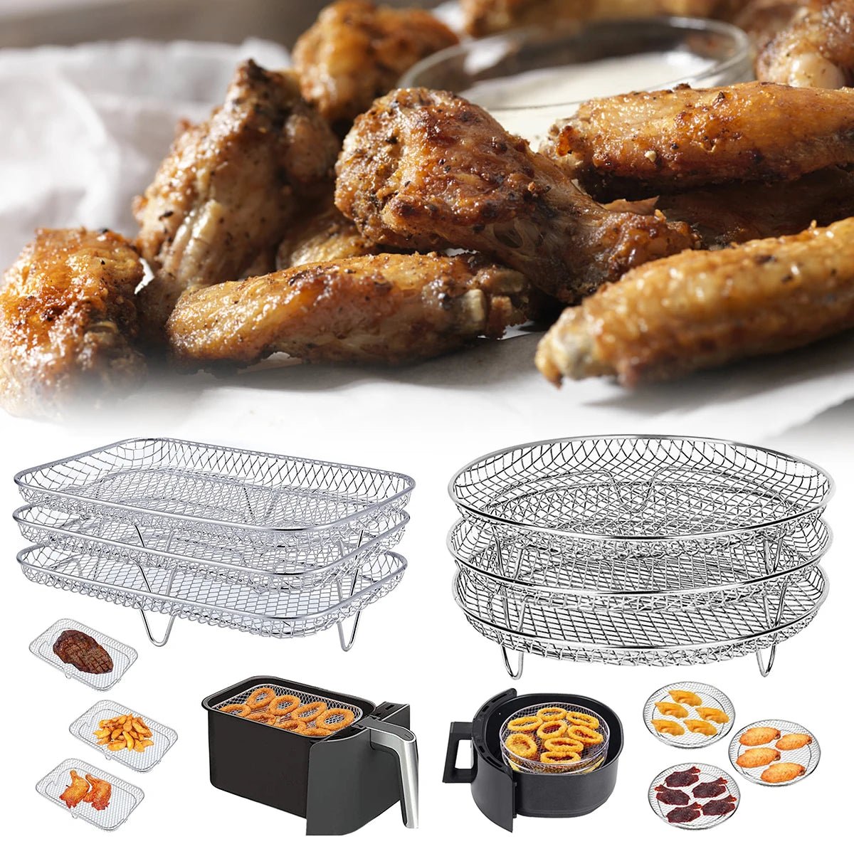 Stainless Steel Air Fryer Accessory Set with Three Stackable Racks and 10-Inch Liners - Julia M LifeStyles