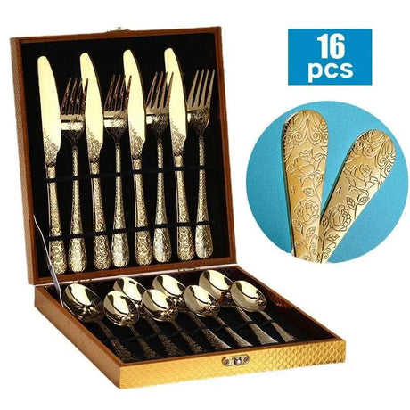 Stainless Steel Cutlery Set,5/16Pcs | Embossed Stainless Steel Cutlery Set,5/16Pcs | Embossed 3256804079052122-5pcs Gold Stainless steel tableware dinner set cutlery 37